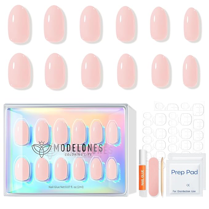 modelones Nude Pink Short Press on Nails, Oval Fake Nails Kit | Semi-Transparent Press Ons with Nail Glue, Adhesive Tabs, Nail File, Prep Pad, Manicure Stick, 32Pcs 16 Sizes, Women Gift