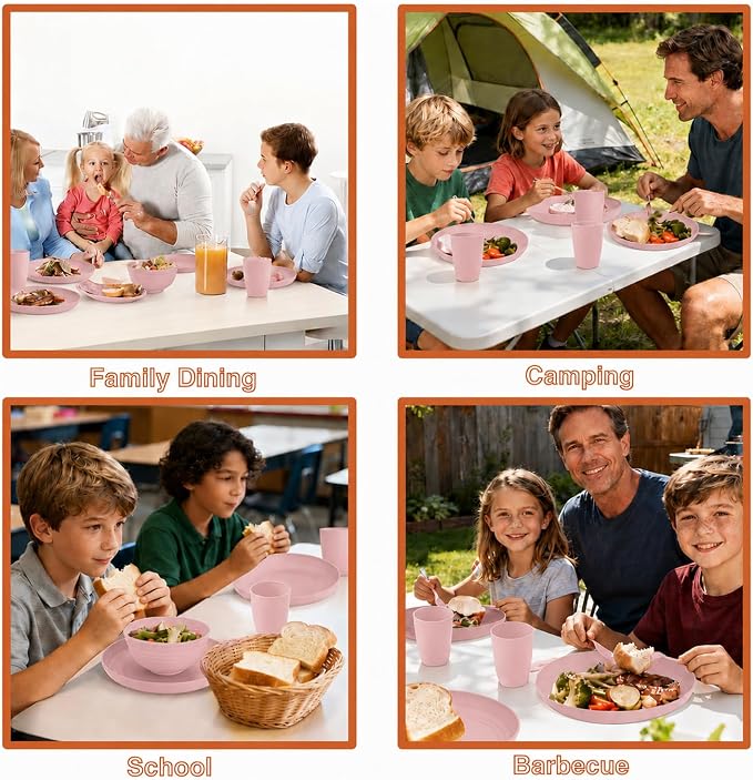 Wheat Straw Dinnerware Sets for 4, 20 Piece Unbreakable Kids Dinnerware Set, Toddler Plates and Bowls Sets, Kitchen Plates and Bowls Set, Lightweight Dish Set for Travel Camping Party - Muted Pink