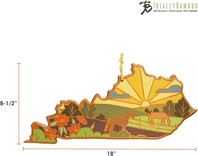 Totally Bamboo Kentucky State Shaped Cutting Board, Summer Stokes Art | State charcuterie board with colorful hand-drawn landscape art. Smooth reverse side for food prep. Hang tie for wall display.