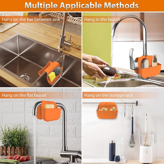 Sponge Holder for Kitchen Sink, Silicone Sink Saddle Caddy Organizer Rack, Sponges Holder Over Faucet, Hanging Kitchen Organizer Accessories Rack Basket - Orange
