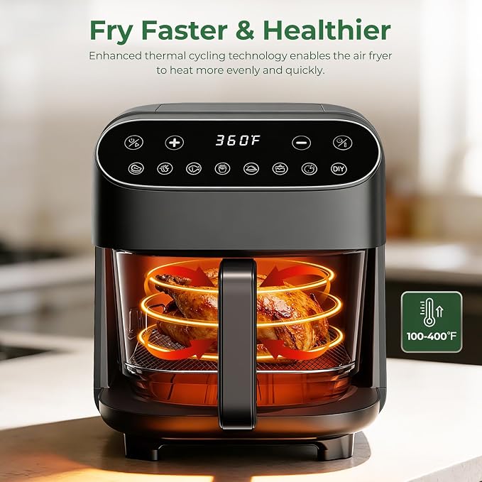 5 QT Glass Air Fryer, Non Toxic Airfryer with Digital Touch Control | 8 Preset Modes, PTFE/PFAS Free, BPA-Free, Uncoated High Borosilicate Glass Basket, Dishwasher Safe, Black