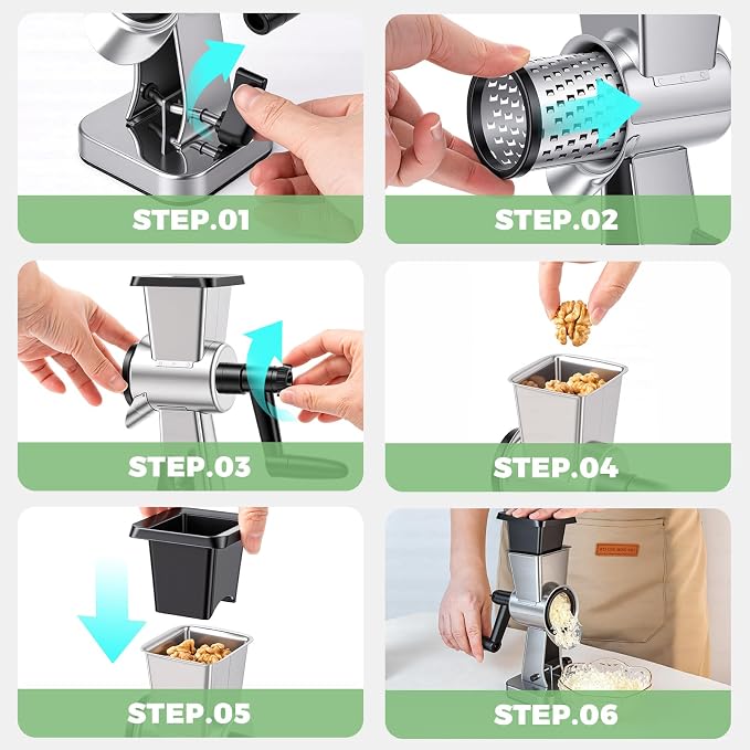 Rotary Cheese Grater Stainless Steel Manual Cheese Shredder Grater Walnuts Grinder with 3 Interchangeable Drum Blades for Chocolate, Cheese and Nuts