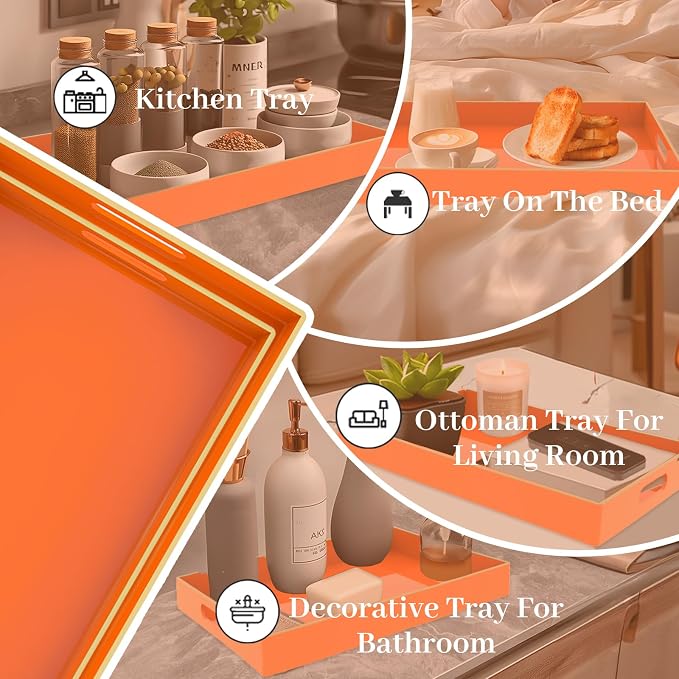 Orange Serving Tray with Handles, Plastic Decorative Tray Set of 2 | Decorative Tray for Coffee Table, Modern Ottoman Tray, Rectangle Melamine Tray for Living Room, 15.8"L x 10.2"W x 1.4"H