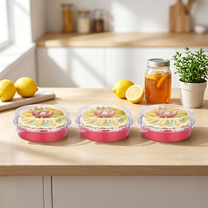 Beasea 120 Pack Disposable Ramekins with Lids, 7.3oz Grapefruit Pink Aluminum Foil Mini Pie Tins Pans Small Baking Cups, Round 4 inch Individual Cake Pans Tin for Creme Brulee Cheesecake Tart Pie