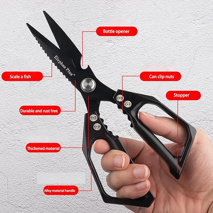 Heavy Duty Rust Proof Multi-Purpose Kitchen Shears(Black) | Suitable for Chicken, Fish, Steak and Vegetables. Built-In Fish Scaler & Bottle Opener, Dishwasher Safe.