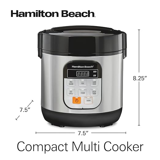 Hamilton Beach Digital Programmable Rice Cooker & Food Steamer, with Slow Hard-Boiled Egg Functions, Egg/Steam Tray, Small & Compact, 6 Cups Cooked (3 Uncooked), Stainless Steel (37524) | 6 Cups Cooked (3 Uncooked) | Slow Cooker & Hard-Boiled Egg Setti...
