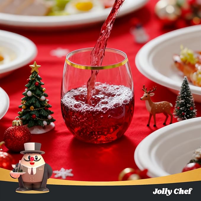 JOLLY CHEF 12 Pack 12 oz Champagne Flutes Gold Stemless Toasting Glasses | Plastic Wine Cups | Crystal | Shatterproof | Heavy Duty | Disposable | Unbreakable Drinkware for Wedding Party Thanskgiving