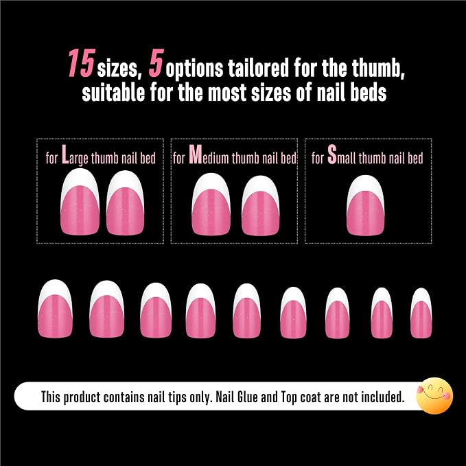 NOVO OVO White French Tip Oval Nail Tips Press on ROSE PINK, Extra Thick Medium Soft Gel Fake Nail Acrylic Extension, Need Builder Gel Top Coat, No Glue Included, for Salon DIY x 15 Sizes 240 pcs