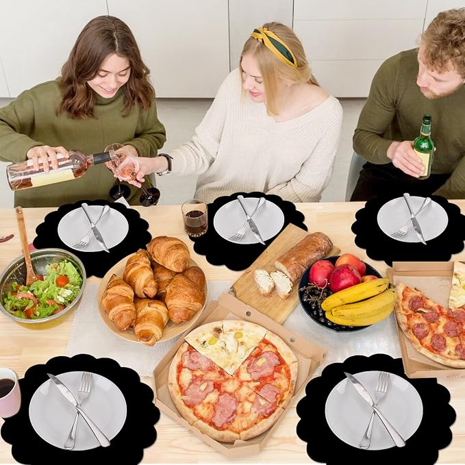 50 Pcs Black Paper Placemats Disposable, 13.5 Inch Disposable Scalloped Placemat for Birthday Wedding Baby Shower Banquet Tea Party