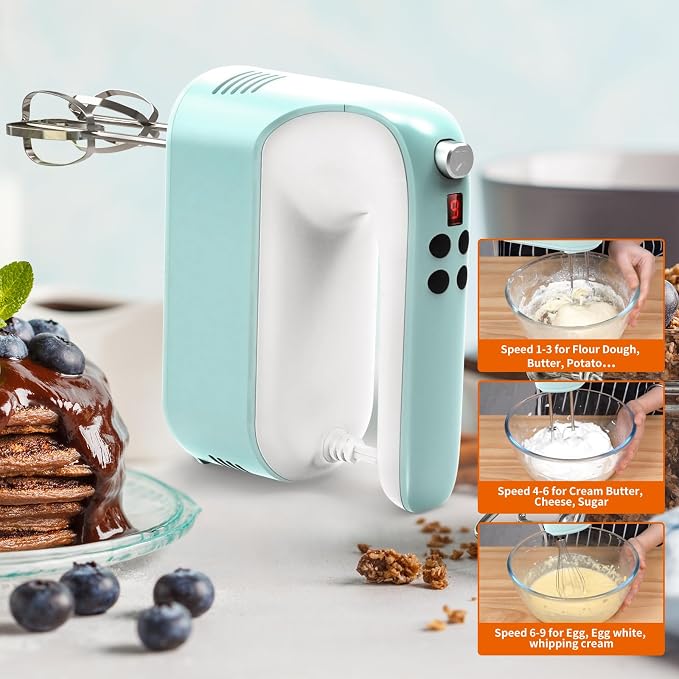 Yomelo 9-Speed Digital Hand Mixer Electric, 400W Powerful DC Motor, Hand Mixer Electric Handheld with Snap-On Storage Case, 5 Stainless Steel Accessories, Beaters, Dough Hooks, Whisk(Ice Blue/White)