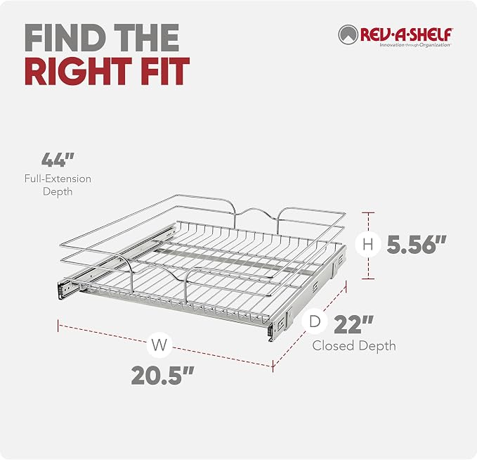Rev-A-Shelf Steel Wire Pullout Drawer Organizer Shelf for Kitchen Cabinets, Slide Out Storage Basket, Min Opening Width of 20.5", 21" x 22", 5WB1-2122CR-1