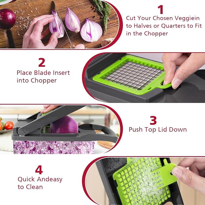 Vegetable Chopper: 16 in 1 Food Chopper - Onion Vegetable Slicer Cutter Dicer, Veggie Cutter with Container, 7 Blades, Kitchen Gadgets for Carrot Salad Garlic Potato Slicer (Grey)