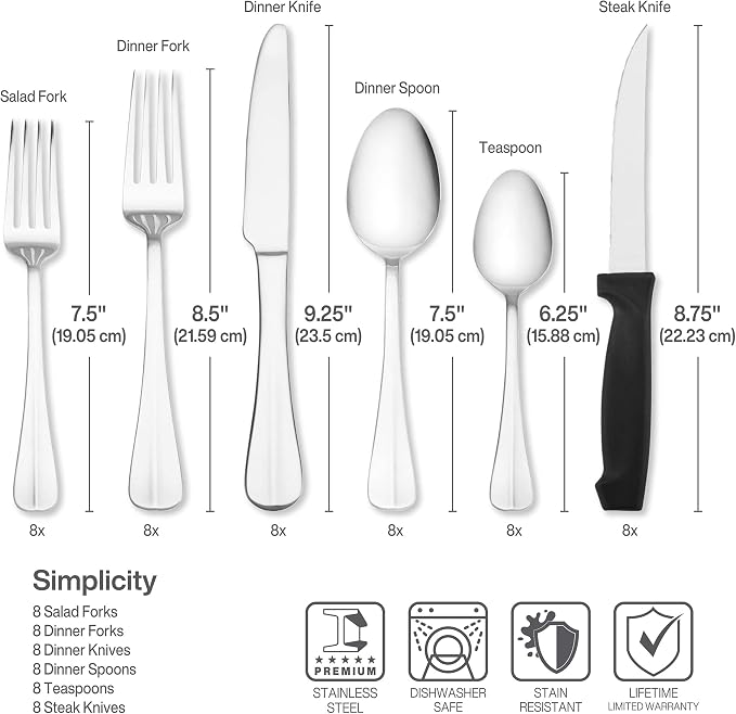 Pfaltzgraff Simplicity 53-Piece Flatware Set, 18/0 Stainless Steel Silverware Set for 8 with Serving Utensils, Classic Dining Cutlery for Everyday Use and Entertaining