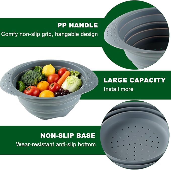 Collapsible Silicone Colander with Handle, 10.5-Inch Large Capacity Foldable Strainer for Vegetables, Pasta, Fruits - Heat Resistant up to 212°F, Non-Slip Base, Space-Saving Kitchen Tool-2pack