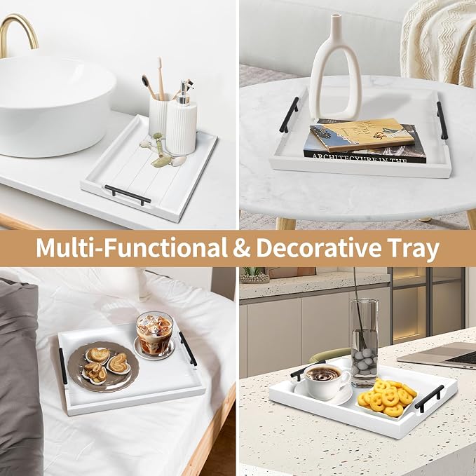 SXNOWS Wood Serving Tray with 2 Sets of Handles,White | Rectangle 16.5x13 Inch Ottoman Decorative Tray Platter for Coffee Table Living Room Bar Breakfast in Bed, 4 Coasters Included
