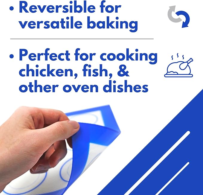 Silicone Baking & Cookie Mats 2 Pack, Non-Stick, 16.5 x 11.6 in | Food grade silicone liner with cookie measurements. Heat resistant to 480F, dishwasher safe, non-slip.