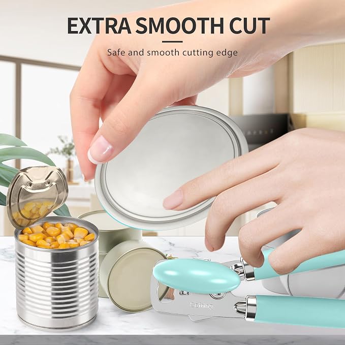 Safring Can Opener Manual, Heavy Duty Stainless Steel Smooth Edge Can Openers With Soft Touch Handle, Oversized Handheld Easy Turn Knob, Multi-Function Bottle Opener, Aqua Sky
