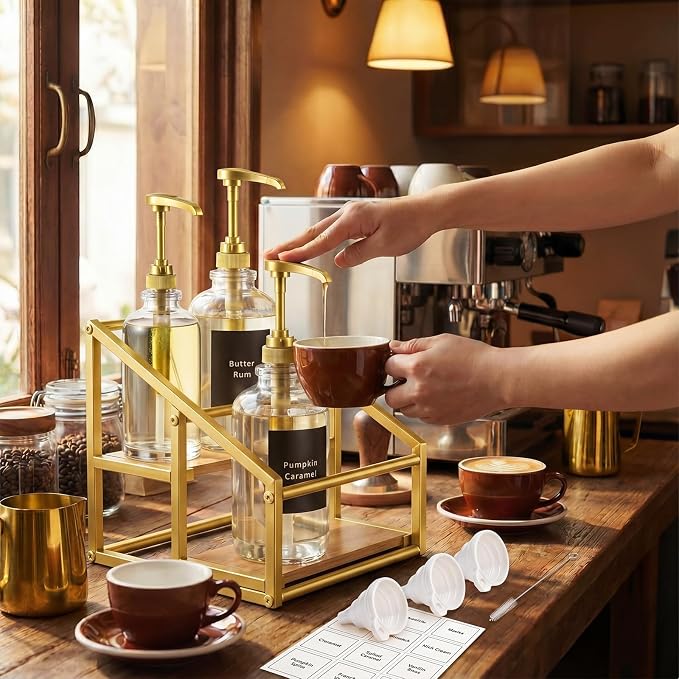 Coffee Bar Accessories, 4 Pack 16.9oz/500ml Gold Syrup Dispenser with 1/4oz Pump, 2-Tier Syrup Rack Organizer, Labels, Straw Brushes, Funnels for Kitchen Countertop, Wine, Dressing Storage