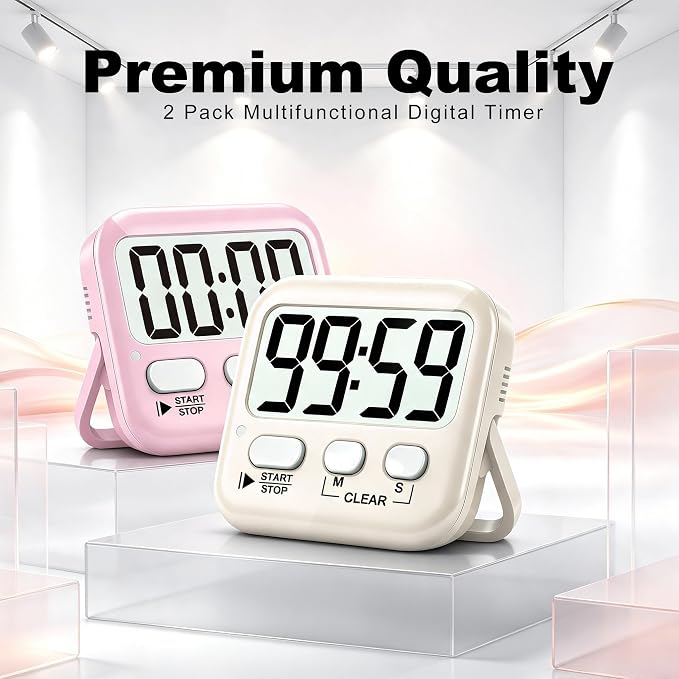 2 Pack Digital Timer for Kids Classroom Kitchen Timers for Cooking | w/ Battery, Easy to View, Alarm, Mute Mode, Count Down/Up, Magnetic, Kickstand, Hanging, Classroom Timer for Teacher Supplies