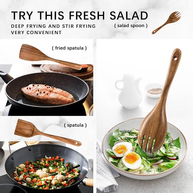 Wooden Spoons for Cooking, 5-Piece Acacia Wood Cooking Utensil Set | Spoons and spatulas stir, mix, flip and serve; balanced handles offer control while staying gentle on nonstick cookware.