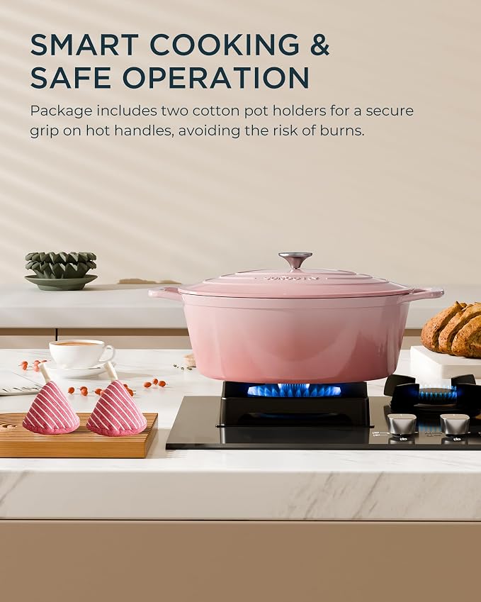 Enameled Cast Iron Dutch Oven - 9.3QT Dutch Oven Pot with Lid & Cotton Potholders - Heavy-Duty Non Stick Casserole Pot for Braising, Stews, Roasting, Baking, Suitable for All Stovetops, Gentle Pink