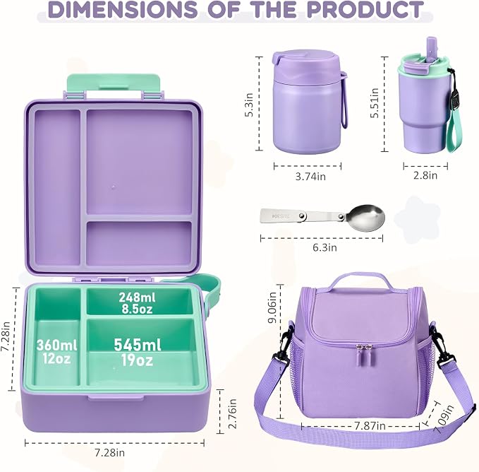Pawtong Lunch Box Set with Bento Box Container, 17OZ Stainless Steel Food Soup Thermo, Kids Water Bottle & Portable Insulated Lunch Bag – Leakproof, Hot/Cold Retention for School, Travel (Purple)