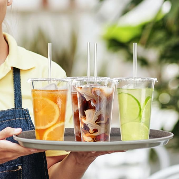 Dealusy 100 Pack - 20 oz Clear Plastic Cups with Lids and Straws | Sturdy & Food Safe Iced Coffee Cups with lids, Disposable Plastic Smoothie Cups for Cold Drinks