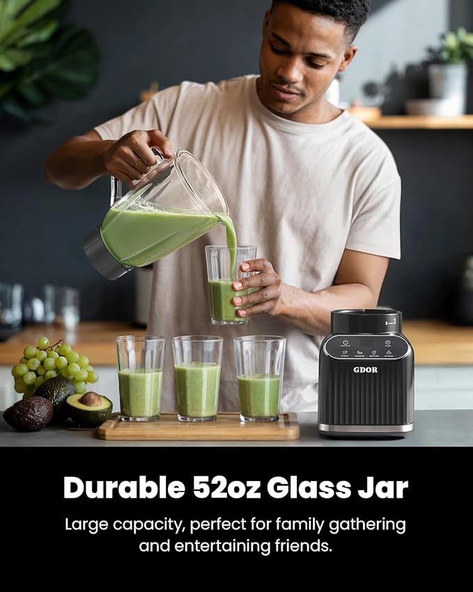GDOR Professional Blender for Kitchen, 1200 Peak Watts Smoothie Blender, 5 Functions for Ice Crushing & Frozen Fruit, 52 Oz Glass Jar & 24 Oz To-Go Cup Combo, Self-Cleaning, Gray