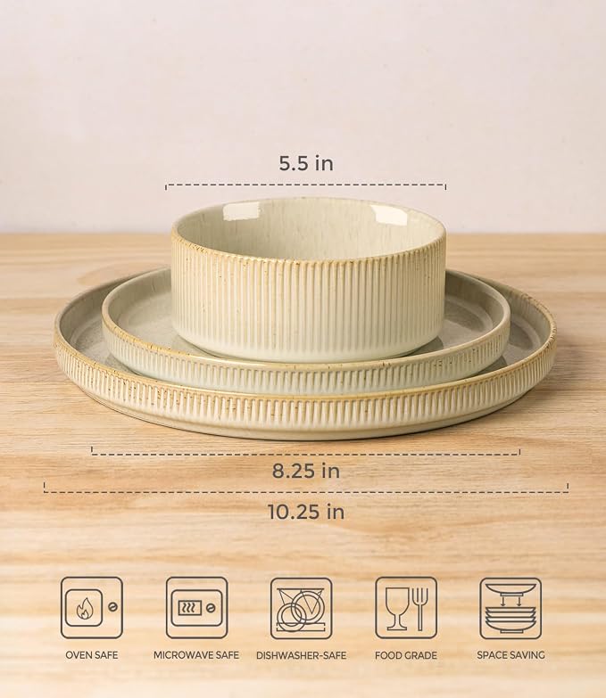 Ceramic Dinnerware Set for 4, 12-Piece Plates and Bowls Set | Lightweight Porcelain Dish Set, Scratch Resistant, Oven & Microwave & Dishwasher Safe, Cappuccino