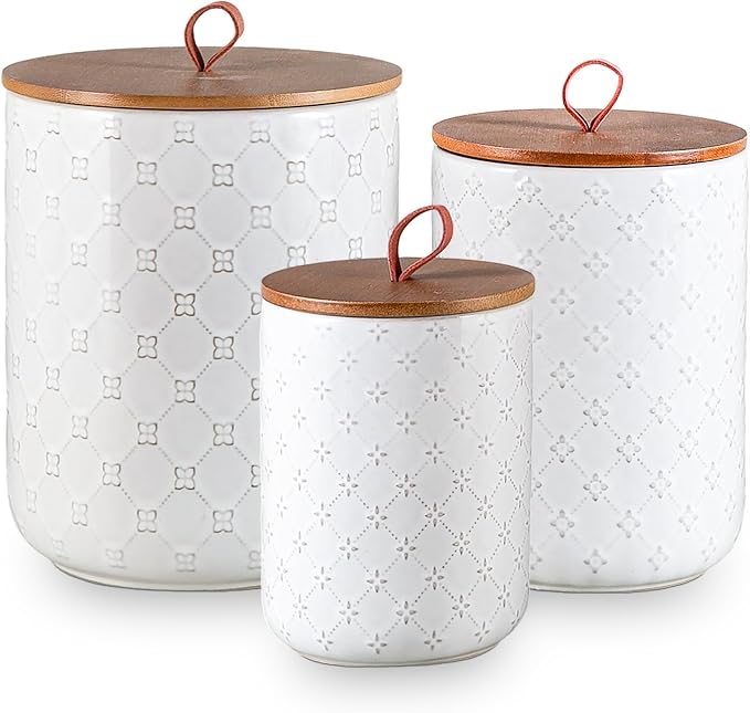 White Ceramic Canisters Set with Airtight Lids, 82/48/30 oz Coffee Canisters Sets for the Kitchen, Large Jars for Flour, Sugar, Pasta, Coffee, Cookies, Tea - Set of 3, Embossed Pattern