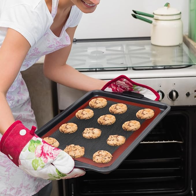 2PCS 16.5"x11.6" Perforated Baking Mats, Silicone Half Sheet Pan Black | Hollow Out Reusable Oven Liners Heat Resistant Non-Stick Mat for Making Cookie/Bread/Pizza/Macaron/Pastry/Eclair(Corner Cut)