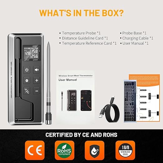 Wireless Meat Thermometer with Smart APP Control | 800ft Bluetooth Grill Food Thermometer, 0.19In Ultra Thin Probe, ±0.5℉ Accuracy, Digital Backlit Screen for BBQ, Oven, Smoker