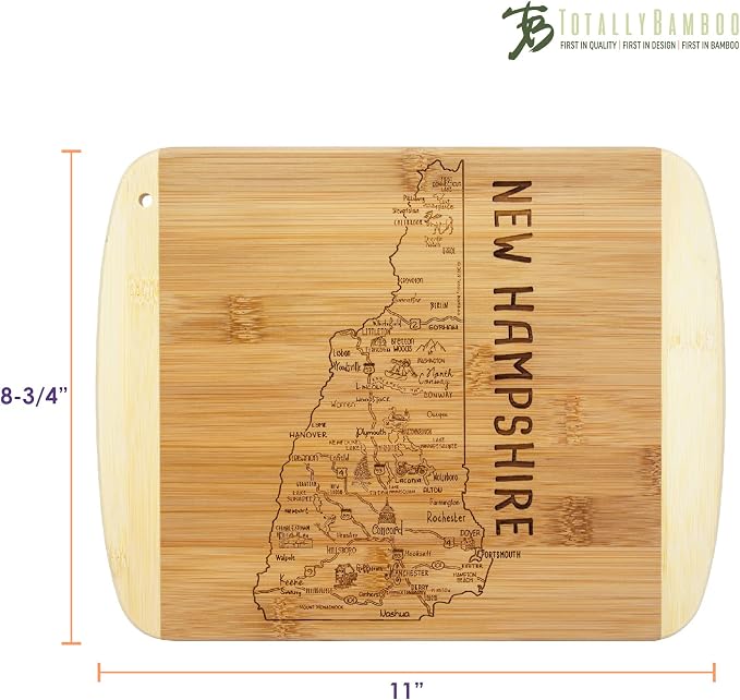 Totally Bamboo A Slice of Life New Hampshire Engraved Map Cutting Board | 11” x 8.75” charcuterie board with engraved state map artwork. Smooth reverse side for food prep. Hang tie for wall display.