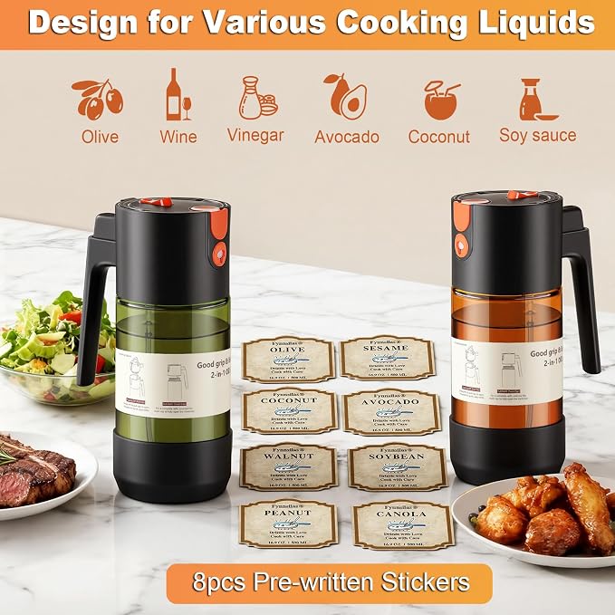 2-IN-1 Oil Sprayer for Cooking with 8 Stickers Light-Blocking Dark Glass Olive Oil Dispenser Bottle for Kitchen 500ml/16.9oz Oil Mister for Air Fryer, BBQ,Salad Even Spray with Portion Control-2PC