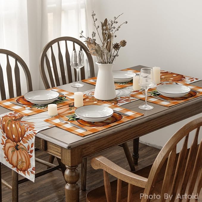 Artoid Mode Buffalo Orange Plaid Pumpkin Fall Placemats Set of 4, 12x18 Inch Seasonal Autumn Table Mats for Party Kitchen Dining Decoration | Heat-Resistant Table Mats, Washable Seasonal Autumn Buffalo Plaid Kitchen Dining Decor