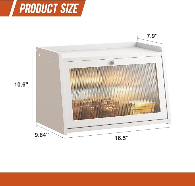 GHWIE Large Bread Box, Easy Access & Cleaning - Bamboo Bread Box for Kitchen Countertop with Acrylic Door (White, Medium)