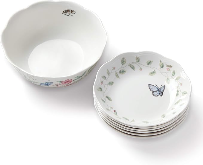 Lenox Butterfly Meadow Porcelain 7-Piece Bowl Set for 2 | dishwasher safe | plates and bowls sets for kitchen and dining | 84oz capacity, 10 inch diameter | 3.5 inch