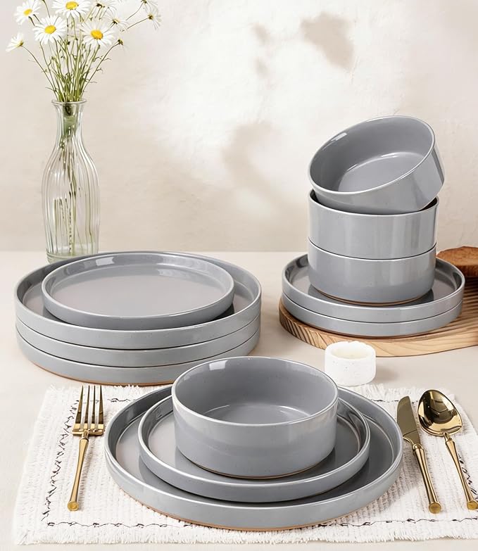 AmorArc Stoneware Dinnerware Sets for 4,12Pcs Plates and Bowls Set | Handmade Ceramic Dish Set,Dishwasher & Microwave Safe,Scratch Resistant-Gray