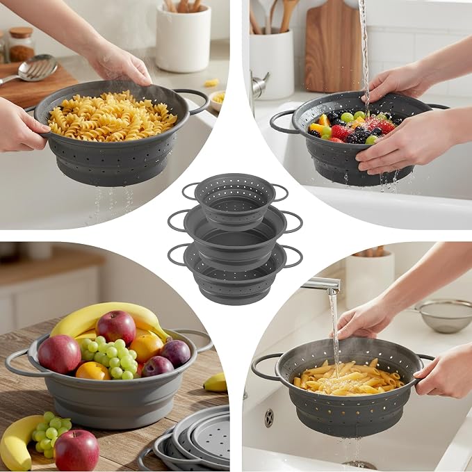 3 Pack Collapsible Colander with Strainer Bowl Set,Grey | 11 & 13 In Silicone Colanders for Kitchen, Heat-Resistant Strainer Dishwasher Safe Baskets for Vegetable Fruits