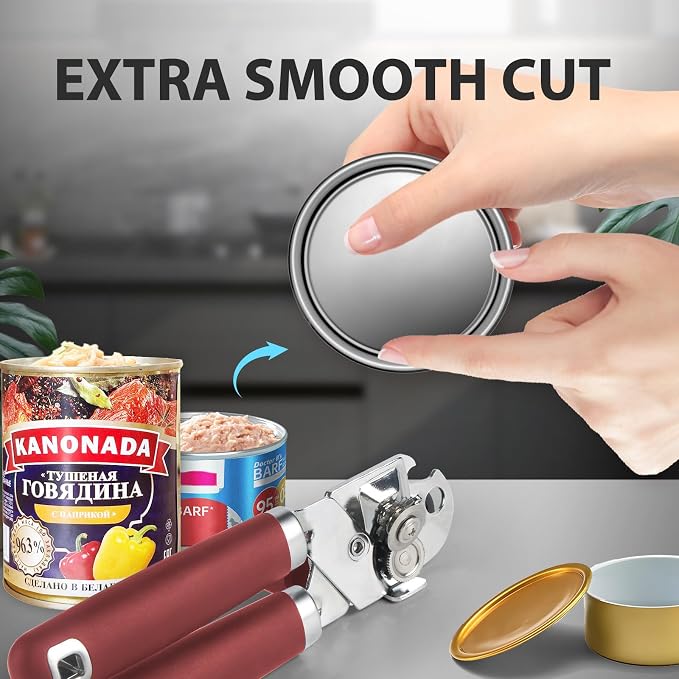 Safring Can Opener Manual, Heavy Duty Handheld Strong Can Opener with Soft Touch Handle, Sharp Blade Smooth Edge, Can Openers with Multifunctional Bottle Opener, Red