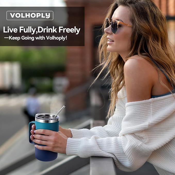 Volhoply 22oz Insulated Stainless Steel Coffee Mugs with Leakproof Lid Bulk 2 Pack,Double Wall Vacuum Travel Coffee Cup with Handle,Reusable Metal Tumbler,Camping Mug Keep Hot&Cold(Mixed,2)