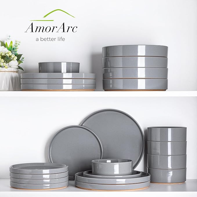 AmorArc Stoneware Dinnerware Sets for 8,24Pcs Plates and Bowls Set | Handmade Ceramic Dish Set,Dishwasher & Microwave Safe,Scratch Resistant-Gray