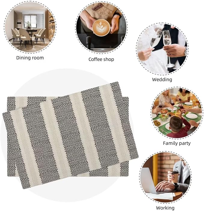 Black Polka Dot Placemats Set of 4, Boho Striped Decorative Table Mat 12 x 18 Inch Heat Resistant Non Slip Line Fabric Modern Geometry Place mat for Holiday Party Kitchen Dining Decor