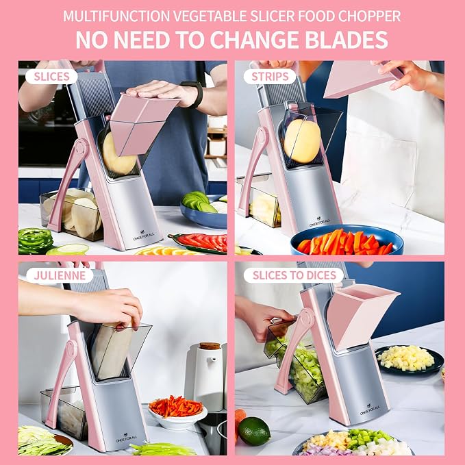 ONCE FOR ALL Safe Mandoline Slicer Plus, Bigger Size, Kitchen Slicer, Pink | 0.1-8mm Adjustable Kitchen Mandoline Slicer, Vegetable Food Chopper, Stainless Steel, Detachable Blade, Dishwasher-safe, Gift