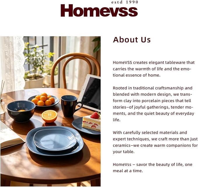 HomeVss, Stoneware Square 16pc Dinnerware Set, Inside Shiny Blue + Outside Matte Black