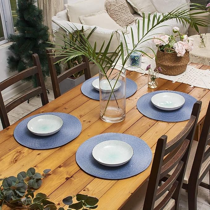 AHHFSMEI Round Placemats Set of 4 Heat Resistant Washable Non-Slip Woven Braided Table Mats for Dining Table Kitchen & Home Decor (Light Blue,4)