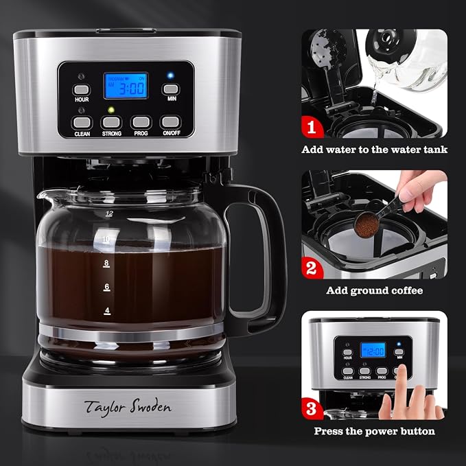 Taylor Swoden 12-Cup Programmable Coffee Maker, Black & Stainless Steel | Regular & Strong Brew Drip Coffee Machine for Home and Office, 24H Timer, Glass Carafe, Pause & Serve, Auto Shut Off