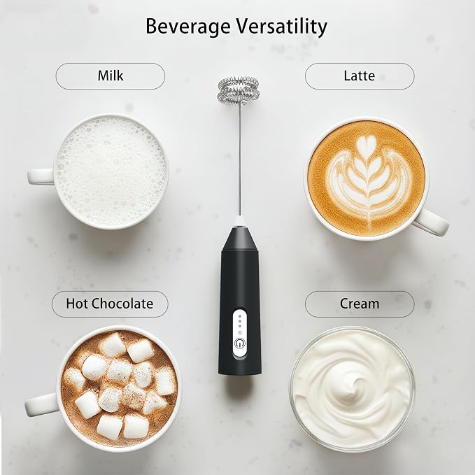 Puraville Rechargeable Electric Milk Frother Handheld, Black | 3 Speeds Electric Whisk Drink Mixer, Type-C Charging BPA Free for Coffee, Latte, Cappuccino, Egg,Cream