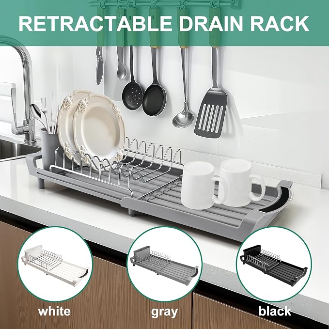 Compact Stainless Steel Dish Drying Rack | Rust-Resistant Drainer for Kitchen and Apartment Countertops/Sink Cabinets, Adjustable 11.42 to 19.9 Inches (Gray)