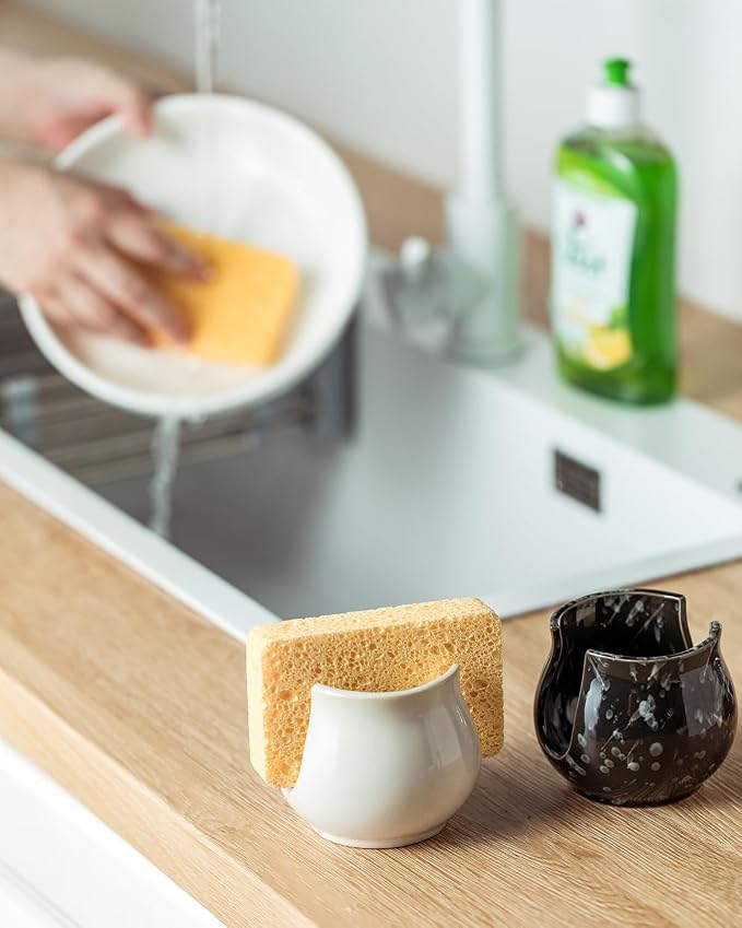 Zoeeker Kitchen Sponge Holder, Ceramic Dish Sponge Holder for Kitchen Sink | Scrub Sponge Dish Rack Sink Caddy Organizer Brush Holder Kitchen Storage Accessories for Bathroom, Sink, Countertop, Black